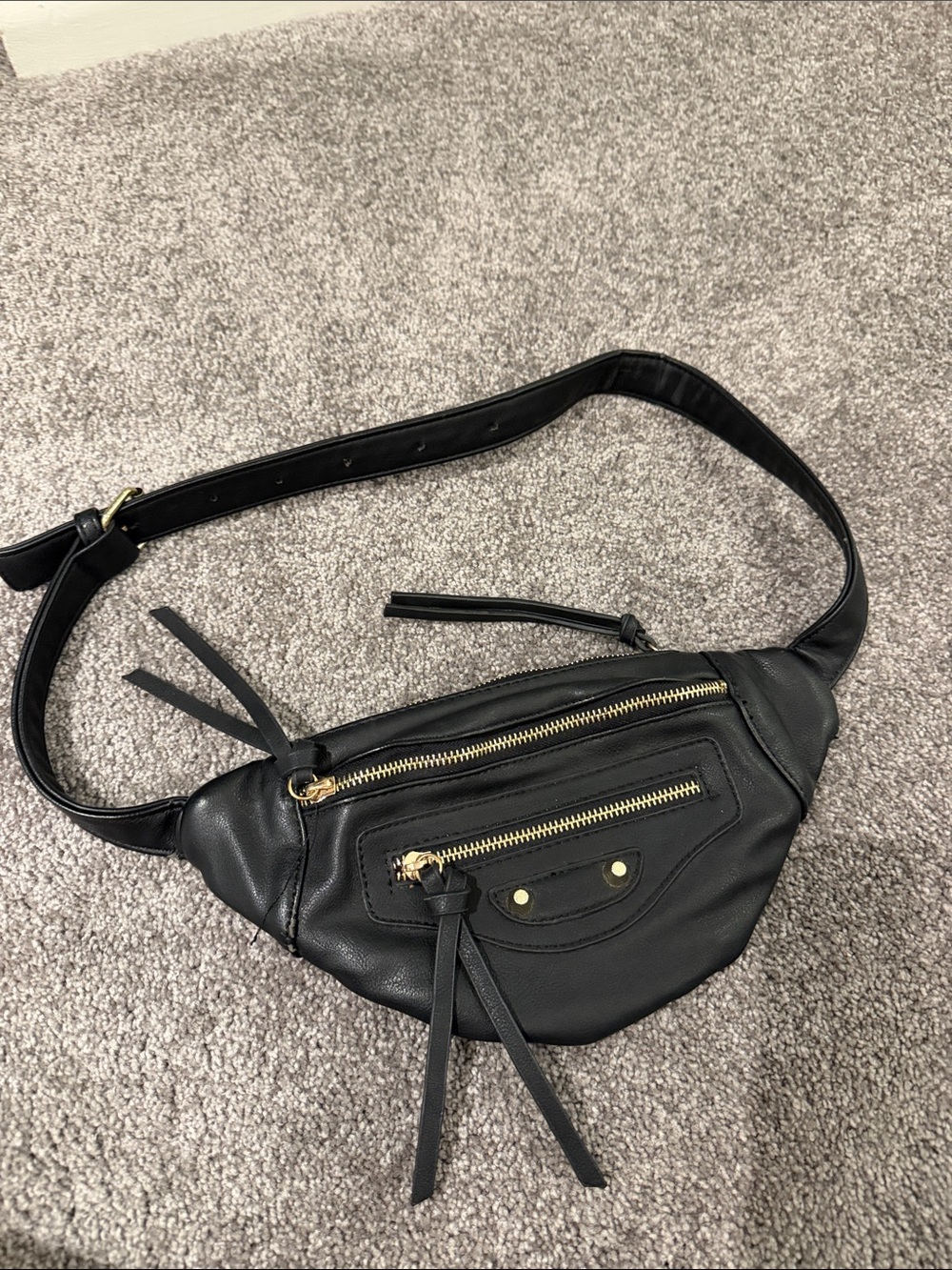Black Leather Waist Bag with Gold Hardware